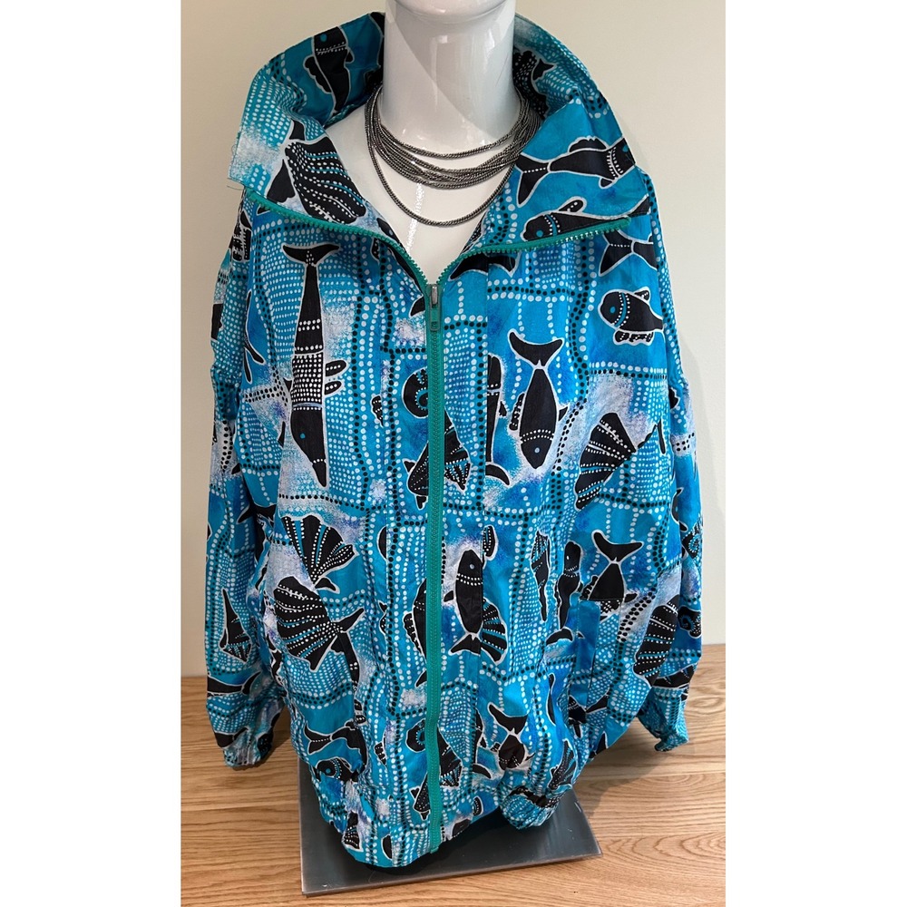 Blue Patterned Fish Print Zip-Front Jacket